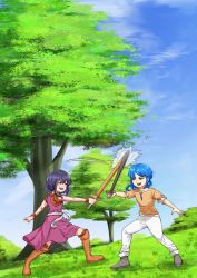 Rule 34 | 1boy, 1girl, absurdres, black hair, blue hair, boots, bracelet, dress, duel, fighting, fire emblem, fire emblem: genealogy of the holy war, gouble3, grass, highres, holding, holding sword, holding weapon, jewelry, nintendo, outdoors, seliph (fire emblem), smile, sword, tree, weapon, wooden sword