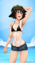 Rule 34 | 1girl, :d, arm behind head, arm up, armpits, artist name, backwards hat, bare shoulders, bikini, black bikini, black hair, blue sky, breasts, collarbone, commentary, cowboy shot, cutoffs, day, english commentary, fang, freckles, hair between eyes, hat, looking away, mari (twrlare), navel, one-piece tan, open fly, open mouth, original, outdoors, short hair, short shorts, shorts, sky, small breasts, smile, solo, stomach, swimsuit, tan, tanline, twitter username, twrlare, yellow eyes