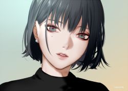 Rule 34 | 1girl, artist name, black hair, brown eyes, close-up, earrings, expressionless, eyeshadow, gradient background, green eyes, inanome me, jewelry, lips, looking at viewer, makeup, multicolored eyes, original, parted lips, portrait, solo, tsurime, upper body