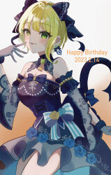 Rule 34 | 1girl, absurdres, animal ears, bell, blonde hair, blue flower, blue rose, blush, bow, breasts, cat tail, cleavage, dated, detached collar, detached sleeves, floral print, flower, flower ornament, fur-trimmed gloves, fur trim, gloves, gradient background, green eyes, hand to own mouth, happy birthday, highres, idolmaster, idolmaster cinderella girls, looking at viewer, medium breasts, miyamoto frederica, neck bell, pona (min 817min), rose, simple background, smile, solo, tail, tail bow, tail ornament, tongue, tongue out