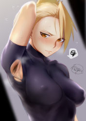 Rule 34 | 1girl, absurdres, arm up, armpit hair, armpits, bad id, bad pixiv id, blonde hair, blood, blush, breasts, brown eyes, chibi, chibi inset, closed mouth, collarbone, colored skin, covered erect nipples, earrings, flying sweatdrops, fullmetal alchemist, highres, ikuchan kaoru, jewelry, looking at viewer, medium breasts, multicolored skin, nose blush, nosebleed, riza hawkeye, roy mustang, short hair, short sleeves, skin tight, smile, solo, spoken squiggle, squiggle, steam, stud earrings, sweat, upper body