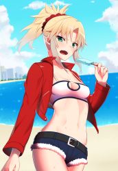 Rule 34 | 1girl, beach, belt, black belt, blonde hair, blush, braid, breasts, cleavage, collarbone, commentary request, day, fate/grand order, fate (series), food, fur trim, green eyes, hair ornament, hair scrunchie, highres, holding, jacket, kuroshiro (ms-2420), long hair, long sleeves, looking at viewer, mordred (fate), mordred (fate/apocrypha), mordred (memories at trifas) (fate), navel, outdoors, ponytail, popsicle, red jacket, red scrunchie, scrunchie, short shorts, shorts, small breasts, solo, teeth, upper teeth only, water