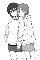 Rule 34 | arm grab, arm hug, casual, closed mouth, commentary, girls und panzer, greyscale, hood, hood down, hoodie, leg up, looking at viewer, monochrome, mutsu (layergreen), nishizumi maho, nishizumi miho, shorts, siblings, simple background, sisters, smile, standing, standing on one leg, sweater, white background