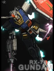 Rule 34 | beam rifle, bottoms1237, energy gun, glowing, glowing eyes, gun, gundam, highres, holding, holding gun, holding shield, holding weapon, looking down, mecha, mobile suit, mobile suit gundam, no humans, robot, rx-78-2, science fiction, shield, solo, v-fin, weapon