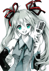 Rule 34 | 1girl, detached sleeves, green eyes, green hair, hair ribbon, hatsune miku, highres, matching hair/eyes, microphone, microphone stand, nashi juni, necktie, open mouth, pointing, ribbon, simple background, smile, solo, twintails, vocaloid, white background