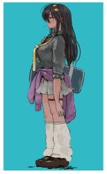 Rule 34 | 1girl, bag, black footwear, black shirt, blue background, border, character request, clothes around waist, collared shirt, copyright request, ebimomo, from side, full body, grey skirt, hair ornament, half-closed eyes, highres, jacket, jacket around waist, long hair, loose socks, necktie, pleated skirt, profile, purple jacket, red eyes, shirt, shoes, shoulder bag, simple background, skirt, sleeves rolled up, socks, solo, standing, thigh strap, white border, white socks, yellow necktie