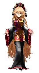 Rule 34 | 1girl, absurdres, blonde hair, breasts, chinese clothes, frilled sleeves, frills, hair between eyes, high heels, highres, junko (touhou), kikoka (mizuumi), large breasts, long hair, long sleeves, looking at viewer, outstretched arms, phoenix crown, red eyes, sash, smile, solo, standing, tabard, tassel, touhou, wide sleeves, yellow neckwear