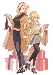 Rule 34 | 2girls, absurdres, alternate costume, bag, beige coat, belt, black footwear, black legwear, black mask, black sweater, blonde hair, boots, box, breasts, brown footwear, closed mouth, coat, dangle earrings, earrings, fishnet gloves, fishnets, flower, full body, genshin impact, gift, gift box, gloves, hair flower, hair ornament, half mask, hand in pocket, high heel boots, high heels, highres, jewelry, lace-trimmed eyepatch, large breasts, locked arms, looking to the side, lumine (genshin impact), mask, mask over one eye, medium breasts, medium hair, midriff, miniskirt, multiple girls, necklace, one eye closed, one eye covered, open clothes, open coat, pants, pantyhose, pnatsu, purple eyes, ribbed sweater, scarf, shopping, shopping bag, short hair with long locks, signora (genshin impact), skirt, smile, standing, sweater, white flower, yellow eyes