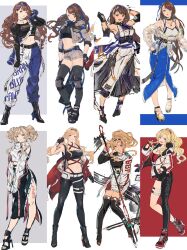 Rule 34 | asymmetrical clothes, bare shoulders, beatrix (granblue fantasy), belt, black belt, black choker, black pants, black shirt, black skirt, black thighhighs, blonde hair, blue pants, blue skirt, body writing, boots, breasts, brown hair, buckle, chest strap, choker, clenched hand, collage, criss-cross halter, crop top, cropped jacket, english text, fingerless gloves, full body, gloves, granblue fantasy, grey jacket, halterneck, hand on own hip, hand up, high heels, highres, holding, holding polearm, holding weapon, jacket, knee pads, kneehighs, legs, long hair, long legs, long sleeves, looking at viewer, medium breasts, medium hair, midriff, multiple girls, navel, open clothes, open jacket, open mouth, own hands together, pants, pencil skirt, polearm, ponytail, poses, red jacket, sandals, shimatani azu, shirt, shoes, shorts, side slit, simple background, single pantsleg, skirt, smile, sneakers, socks, standing, strapless, thigh strap, thighhighs, tight clothes, tight pants, toeless footwear, tube top, twintails, two-tone pants, unfinished, very long hair, weapon, white jacket, white pants, white shirt, white skirt, zeta (granblue fantasy), zipper skirt