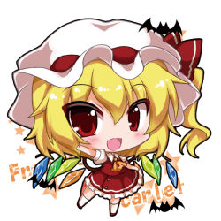 Rule 34 | 1girl, ascot, bad id, bad pixiv id, bat (animal), blonde hair, blush, bow, character name, chibi, commentary request, dress, embodiment of scarlet devil, eyebrows, fang, flandre scarlet, full body, hair between eyes, hat, hat bow, looking at viewer, mob cap, noai nioshi, open mouth, puffy short sleeves, puffy sleeves, red bow, red eyes, short sleeves, simple background, smile, solo, standing, star (symbol), touhou, white background, white legwear, wings