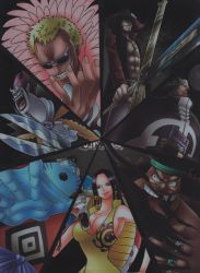 Rule 34 | 1girl, 6+boys, :&lt;, abs, bartholomew kuma, belt, black hair, blonde hair, blue skin, boa hancock, book, breasts, cleavage, colored skin, devil fruit, donquixote doflamingo, dracule mihawk, dress, earrings, fangs, gecko moria, gloves, grin, hat, highres, holding, holding sword, holding weapon, jacket, jewelry, jinbe (one piece), large breasts, long hair, looking to the side, marshall d. teach, multiple boys, muscular, navel, official art, one piece, open clothes, open jacket, oversized object, pale skin, pirate, purple hair, red background, salome (one piece), scan, scar, serious, short hair, smile, snake, standing, sunglasses, sword, tricorne, weapon, yellow dress, yoru (one piece)