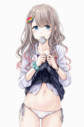 Rule 34 | 1girl, absurdres, banned artist, blue eyes, bolbbangbbang, bracelet, clothes lift, commentary request, condom, condom in mouth, gradient hair, grey hair, groin, gyaru, hair ornament, hairclip, highres, idolmaster, idolmaster shiny colors, jewelry, lifting own clothes, long hair, looking at viewer, mouth hold, multicolored hair, navel, panties, plaid, plaid skirt, pleated skirt, pussy juice, sabotaged condom, serizawa asahi, shirt, side-tie panties, skirt, skirt lift, solo, sweat, underwear, white background, white panties, white shirt