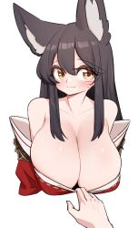 Rule 34 | 1girl, 1other, ahri (league of legends), animal ears, bare shoulders, black hair, blush, breasts, cleavage, closed mouth, collarbone, detached sleeves, facial mark, fox ears, fox girl, highres, huge breasts, league of legends, long hair, red sleeves, simple background, smile, solo focus, whisker markings, white background, yabby, yellow eyes