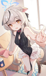 Rule 34 | 1girl, 1other, absurdres, animal ears, arm grab, bare arms, bare legs, bare shoulders, barefoot, black dress, black hair, blue archive, blush, book, brown eyes, clothing cutout, dress, floppy ears, foot out of frame, frilled skirt, frills, grey hair, halo, highres, holding another&#039;s wrist, indoors, kokona (blue archive), looking at viewer, multicolored hair, open book, open mouth, pelvic curtain, qianze chia, skirt, sleeveless, solo focus, standing, standing on one leg, streaked hair, striped clothes, striped dress, sweat, table, thighs, tiger ears, tiger girl, toes, vertical-striped clothes, vertical-striped dress, white skirt, window
