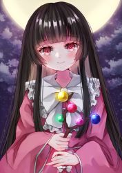 Rule 34 | 1girl, belt, black hair, blouse, blush, bow, bowtie, closed mouth, cloud, cloudy sky, collar, collared shirt, frills, hands up, houraisan kaguya, jaku sono, long hair, long sleeves, looking at viewer, moon, multicolored eyes, night, night sky, pink eyes, pink shirt, pink sleeves, purple sky, red eyes, shirt, sidelocks, sky, smile, solo, touhou, treasure, white belt, white bow, white bowtie, wide sleeves, yellow moon
