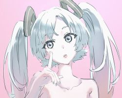 Rule 34 | 1girl, aqua hair, blue eyes, collarbone, finger to cheek, fingernails, green nails, hatsune miku, highres, long hair, mosh mallow, nail polish, nude, parted lips, pink lips, solo, twintails, upper body, vocaloid