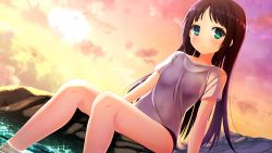 Rule 34 | 1girl, arm support, female focus, game cg, giga, green eyes, harvest overray, long hair, looking at viewer, nironiro, ouno sumi, purple hair, see-through, shirt, short sleeves, sitting, solo, straight hair, sun, t-shirt, wading, water