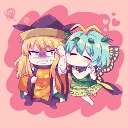 Rule 34 | 2girls, = =, anger vein, antennae, barefoot, blonde hair, blue hair, blush, boots, butterfly wings, chibi, commentary, constellation print, detached sleeves, dress, eternity larva, fairy wings, green dress, green skirt, hat, heart, highres, insect wings, kaoling, leaf, leaf on head, leaf print, long sleeves, matara okina, multiple girls, pink background, pouty lips, shaded face, shirt, simple background, skirt, squiggle, sun print, sweatdrop, symbol-only commentary, tabard, touhou, white shirt, wide sleeves, wings, yellow eyes