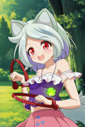Rule 34 | 1girl, animal ears, cato (monocatienus), collarbone, dog ears, dog tail, bear trap, grass, grey hair, highres, mitsugashira enoko, multiple tails, open mouth, outdoors, pink skirt, purple shirt, red eyes, shirt, short hair, skirt, smile, solo, tail, touhou, tree, upper body