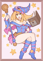 Rule 34 | absurdres, bare shoulders, blonde hair, blue footwear, book, boots, border, dark magician girl, duel monster, full body, hat, highres, crossed legs, long hair, looking at viewer, open mouth, smile, solo, splashbrush, staff, star (symbol), wand, wizard hat, yu-gi-oh!, yu-gi-oh! duel monsters