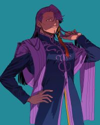 Rule 34 | 1boy, blue background, cowboy shot, duryodhana (fate), earrings, facial hair, fate/grand order, fate (series), goatee, goatee stubble, hand on own hip, indian clothes, jewelry, long hair, looking at viewer, male focus, mature male, purple eyes, purple hair, sash, shoulder sash, simple background, single earring, smile, solo, stubble, tnaym