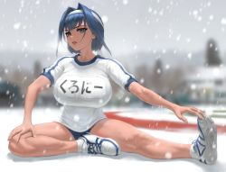 Rule 34 | 1girl, blue eyes, blue hair, blue shorts, blurry, breasts, building, character name, depth of field, full body, headband, hololive, hololive english, huge breasts, infi, ouro kronii, shirt, shoes, shorts, sneakers, snow, snowing, solo, stretching, t-shirt, tree, virtual youtuber