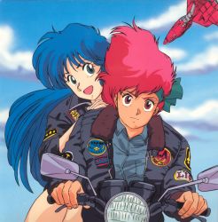 Rule 34 | 1980s (style), 2girls, blue eyes, blue hair, character name, clothes writing, day, dirty pair, driving, emblem, hand on another&#039;s shoulder, headband, jacket, kei (dirty pair), long hair, long sleeves, motor vehicle, motorcycle, multiple girls, official art, oldschool, open mouth, outdoors, red eyes, red hair, retro artstyle, short hair, sky, spacecraft, tomboy, yuri (dirty pair)