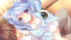 Rule 34 | 1boy, 1girl, animal ear fluff, animal ears, blue eyes, blue hair, blue shirt, blush, brown hair, cat ears, cat tail, chestnut mouth, dress, faceless, faceless male, game cg, hand on another&#039;s chest, hand on another&#039;s head, karakara (game), leon laird, long hair, lucia haynes, official art, open clothes, open mouth, open shirt, p19, headpat, shirt, short hair, sitting, sitting on lap, sitting on person, tail, twintails, white dress