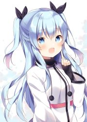 Rule 34 | 1girl, :d, absurdres, black ribbon, blue eyes, blue hair, blush, breasts, commentary request, dress, fingernails, hair between eyes, hair ribbon, hand up, highres, index finger raised, long hair, long sleeves, looking at viewer, noel (sora no method), open mouth, pom pom (clothes), ribbon, shiino sera, sleeves past wrists, small breasts, smile, solo, sora no method, star (symbol), teeth, upper body, upper teeth only, very long hair, white dress, wide sleeves