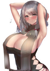 Rule 34 | 1girl, absurdres, areola slip, armpits, arms up, azur lane, blush, bow, breasts, charybdis (azur lane), charybdis (red chamber of healing) (azur lane), cleavage, closed mouth, hair bow, hair ornament, highres, large breasts, looking at viewer, medium hair, official alternate costume, red bow, satou aji, silver hair, simple background, smile, solo, upper body, white background