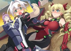 Rule 34 | 10s, 3girls, angry, armpits, blonde hair, blue eyes, blush, breasts, charlotte dimandius, claire harvey, clenched teeth, earrings, emilia hermit, eye contact, formal, grabbing, grabbing another&#039;s breast, green eyes, highres, hundred (light novel), jewelry, kisaragi hayato, large breasts, long hair, looking at another, lying, multiple girls, short hair, suit, teeth