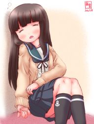 Rule 34 | 10s, 1girl, 2016, alternate costume, anchor symbol, black hair, black legwear, blunt bangs, cardigan, closed eyes, commentary request, dated, drooling, gradient background, hatsuyuki (kancolle), highres, hime cut, kanon (kurogane knights), kantai collection, long hair, long sleeves, neck ribbon, pleated skirt, ribbon, simple background, sitting, skirt, sleeping, solo, watermark