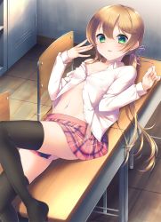 Rule 34 | 1girl, bare shoulders, black thighhighs, blush, bra, breasts, chair, collarbone, collared shirt, commentary request, desk, green eyes, hair between eyes, hair ribbon, hands up, highres, indoors, light brown hair, locker, long hair, long sleeves, low twintails, lying, navel, off shoulder, on back, on desk, open clothes, open skirt, original, panties, parted lips, partially unbuttoned, pink bra, pink panties, plaid, plaid skirt, pleated skirt, purple ribbon, red skirt, ribbon, school chair, school desk, school uniform, shirt, sidelocks, skirt, small breasts, solo, thighhighs, twintails, underwear, very long hair, wakuta chisaki, white shirt