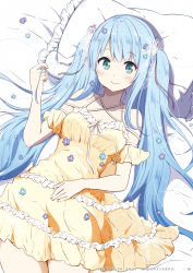 Rule 34 | 1girl, bare shoulders, bed sheet, blue flower, blue hair, blush, breasts, closed mouth, collarbone, criss-cross halter, dress, flower, frilled dress, frilled pillow, frills, green eyes, hair flower, hair ornament, hair ribbon, halterneck, hand up, highres, long hair, lying, on back, original, pillow, purple flower, ragho no erika, red ribbon, ribbon, small breasts, smile, solo, twintails, very long hair, yellow dress