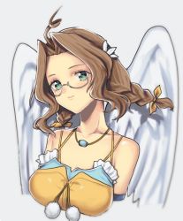 Rule 34 | 1girl, breasts, brown hair, closed mouth, glasses, green eyes, jewelry, long hair, looking at viewer, murata tefu, necklace, sarah jerand, simple background, smile, solo, star ocean, star ocean the last hope, twintails, white background, wings