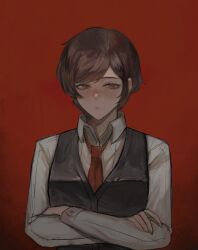 Rule 34 | 1girl, black vest, brown eyes, cindymeimezu, closed mouth, collared shirt, crossed arms, half-closed eyes, highres, limbus company, looking at viewer, necktie, outis (project moon), project moon, red background, red necktie, shirt, short hair, solo, upper body, vest, white shirt