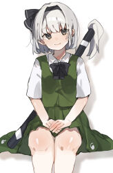 Rule 34 | 1girl, black bow, black bowtie, black eyes, black hairband, bow, bow hairband, bowtie, closed mouth, collared shirt, green skirt, green vest, hair bow, hairband, head tilt, higa (gominami), highres, invisible chair, konpaku youmu, looking at viewer, shirt, short hair, simple background, sitting, skirt, smile, solo, sword, touhou, vest, weapon, weapon on back, white background, white hair, white shirt