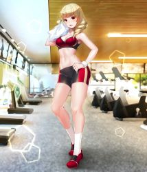 Rule 34 | 1girl, bike shorts, blonde hair, blush, breasts, cleavage, commentary request, contrapposto, drill hair, eisocool, erika wagner, full body, gym, highres, hobby account, long legs, looking at viewer, medium breasts, medium hair, midriff, navel, open mouth, photo background, red eyes, shoes, sneakers, socks, solo, sports bra, standing, sweat, toned, towel, twin drills, under night in-birth, under night in-birth exe:late[st], wide hips
