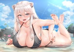 Rule 34 | 1girl, alternate breast size, animal ears, bare shoulders, barefoot, bikini, black bikini, black nails, blush, breasts, cleavage, collarbone, commentary, english commentary, feet up, grey hair, highres, hololive, large breasts, long hair, looking at viewer, lying, mixed-language commentary, nail polish, on stomach, outdoors, parted lips, partially submerged, shishiro botan, smile, soles, swimsuit, thighs, tnolize, toes, virtual youtuber, water