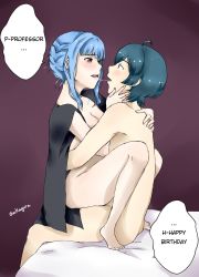 Rule 34 | 1boy, 1girl, after kiss, barefoot, bed, black jacket, blue eyes, blue hair, blush, braid, breasts, brown eyes, byleth (fire emblem), byleth (male) (fire emblem), cleavage, crown braid, feet, fire emblem, fire emblem: three houses, hand on another&#039;s face, happy birthday, hetero, highres, hug, implied sex, jacket, kagura oni, large breasts, light blue hair, looking at another, marianne von edmund, nintendo, open mouth, saliva, saliva trail, short hair, simple background, sitting, sitting on lap, sitting on person, straddling, upright straddle
