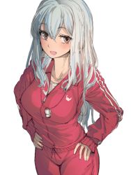 Rule 34 | 1girl, alternate costume, blush, breasts, brown eyes, geppewi, hand on own hip, kamishirasawa keine, large breasts, long hair, looking at viewer, open mouth, silver hair, simple background, smile, solo, touhou, track suit, white background