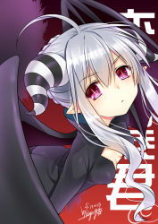 Rule 34 | &gt;:&lt;, 1girl, :&lt;, ahoge, alternate hair color, ass, braid, breasts, cleavage cutout, closed mouth, clothing cutout, copyright name, demon girl, demon horns, demon wings, dress, french braid, guri, high collar, horns, leaning forward, pointy ears, purple eyes, renai boukun, ryuuga shou, short hair with long locks, signature, silver hair, slit pupils, small breasts, solo, spoilers, tight dress, v-shaped eyebrows, wings