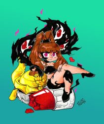 Rule 34 | amano nene (digimon xros wars), corruption, crossed legs, dark persona, darkknightmon, digimon, digimon (creature), digimon xros wars, high heels, legs, long hair, looking at viewer, ponytail, possessed, possession, shademon, shademon (nene ver.), sitting, split ponytail