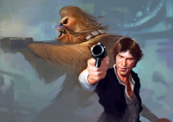 2boys absurdres aiming aiming_at_viewer alien black_vest brown_fur brown_hair chewbacca gun han_solo highres holding holding_gun holding_weapon lurojas multiple_boys open_clothes open_vest shirt short_hair star_wars vest weapon white_shirt wookiee