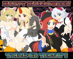 Rule 34 | 4girls, animal hands, cosplay, felicia (cosplay), felicia (vampire), female focus, halloween, happy halloween, hong meiling, horns, hoshiguma yuugi, izayoi sakuya, jack-o&#039;-lantern, jiangshi, lei lei, lei lei (cosplay), mizuhashi parsee, multiple girls, neko majin, pumpkin, single horn, touhou, trick or treat, vampire (game)