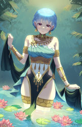 Rule 34 | 1girl, absurdres, bare shoulders, blue hair, bracelet, braid, breasts, brown eyes, crown braid, dancer, dancer (fire emblem: three houses), dappled sunlight, dress, earrings, fire emblem, fire emblem: three houses, fire emblem heroes, flower, groin, highres, jewelry, leaf, light rays, lily pad, looking at viewer, marianne von edmund, medium breasts, nintendo, official alternate costume, outdoors, partially submerged, parupome, pelvic curtain, short hair, sideboob, single-shoulder dress, smile, solo, sunbeam, sunlight, thighlet, thighs, twitter username, water, water lily flower, wet, wet clothes