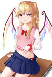 Rule 34 | 1girl, :d, absurdres, alternate costume, alternate hairstyle, arm at side, blonde hair, blue skirt, blush, bow, bowtie, collared shirt, commentary request, commission, cowboy shot, crystal, earrings, eyelashes, fang, fingernails, flandre scarlet, gyaru, hair between eyes, hand up, highres, hoop earrings, jewelry, kogal, long fingernails, long hair, long sleeves, looking at viewer, miniskirt, nail polish, navel, no headwear, nyanyanoruru, one side up, open mouth, panties, panty peek, pink nails, pink sweater vest, pleated skirt, pointy ears, red bow, red bowtie, red eyes, red panties, red scrunchie, school uniform, scrunchie, shirt, sidelocks, simple background, sitting, sitting on table, skeb commission, skirt, smile, solo, stud earrings, sweater vest, touhou, tsurime, underwear, wavy hair, white background, white shirt, wings, wrist scrunchie