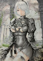 Rule 34 | 1girl, 2b (nier:automata), absurdres, areola slip, black dress, black hairband, black thighhighs, blue eyes, breasts, breasts apart, cameltoe, cleavage cutout, closed mouth, clothing cutout, colored pencil (medium), covered erect nipples, dress, feather-trimmed sleeves, hairband, high collar, highres, katsu (24791909), marker (medium), mole, mole under mouth, nier:automata, nier (series), panties, ruins, short hair, sitting, small breasts, solo, thighhighs, thighs, torn clothes, torn dress, torn panties, traditional media, underwear, upskirt, white hair, white panties