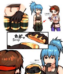 Rule 34 | 2girls, bare shoulders, blue hair, braid, breasts, brown hair, can, dougi, eating, food, gloves, headband, highres, inu otoko, leona heidern, mixed-language text, multiple girls, navel, ponytail, snack, snk, talking, tank top, the king of fighters, the king of fighters xiii, translated, yuri sakazaki