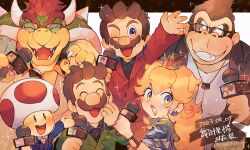 Rule 34 | 1girl, 5boys, absurdres, animal ears, black shirt, blonde hair, blue eyes, blue jacket, bowser, bracelet, brown hair, claws, closed eyes, collared shirt, crown, donkey kong, donkey kong (series), facial hair, fangs, glasses, green jacket, grin, hanaon, hand on own face, highres, holding, holding microphone, horns, jacket, jewelry, long hair, luigi, mario, mario (series), microphone, mini crown, monkey, multicolored eyes, multiple boys, mushroom, mustache, nintendo, one eye closed, open mouth, orange eyes, parted lips, princess peach, red hair, red jacket, shirt, short hair, smile, sparkle, teeth, thick eyebrows, toad (mario), twitter username